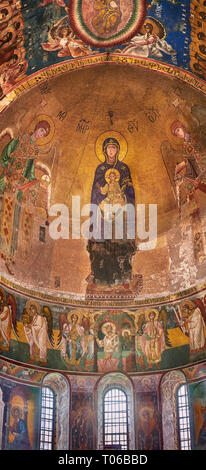 Pictures & images of the Byzantine mosaic of Theotokos, depicting the Virgin Mary, the  Mother of God, and child, 1126-1130, in the apse of the Gelati Stock Photo