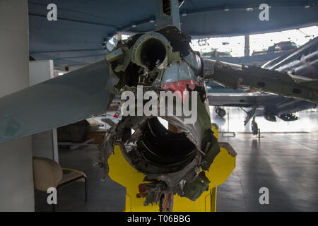 Destroyed aircraft tail section of Soko G-4 Super Galeb, Super Seagull displayed in Serbian Aeronautical museum in Belgrade Stock Photo