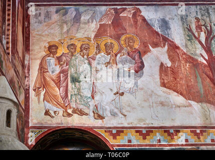 Pictures & images of the Byzantine fresco panels on the north wall of the Gelati Georgian Orthodox Church of the Virgin, 1106, depicting Christ riding Stock Photo