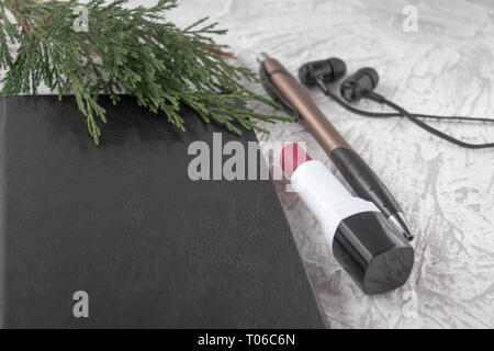 Green twig on a black notebook next to a pen, lipstick and headphones on a white background. There is a place for your text. Stock Photo