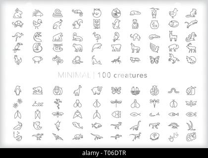 Set of 100 animal line icons of pets, zoo animals, farm animals, safari animals, fish, reptiles, mammals, dinosaurs, insects, bugs and critters Stock Vector