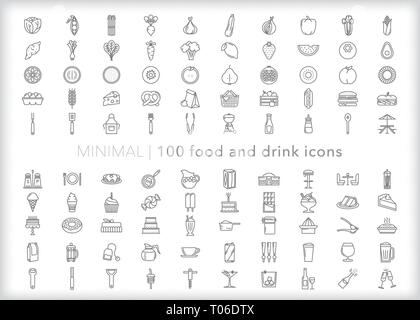 Set of 100 food and drink line icons of for breakfast, lunch, dinner and snacks Stock Vector