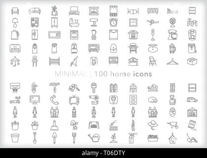 Set of 100 home line icons of furniture, decor, family, objects and appliances for the living room, bedroom, kitchen, bathroom and study Stock Vector