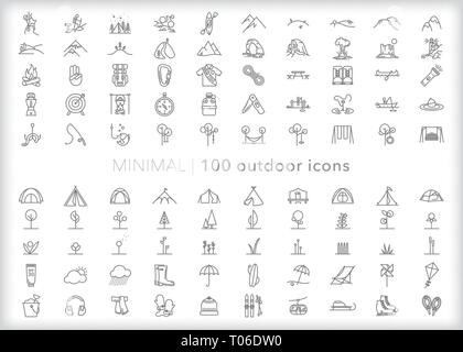 Set of 100 outdoor line icons of travel, animals, sightseeing and sport in the great outdoors Stock Vector