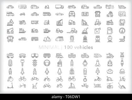 Set of 100 vehicle line icons of car, buses, trucks, rail cars, trains, construction vehicles, bikes, spaceships and boats. Stock Vector