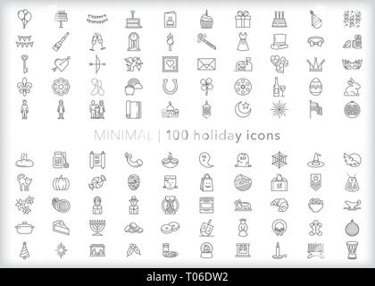 Set of 100 holiday icons spanning the calendar year including New Year's, Valentine's Day, Halloween, Thanksgiving, Christmas, Kwanzaa Stock Vector