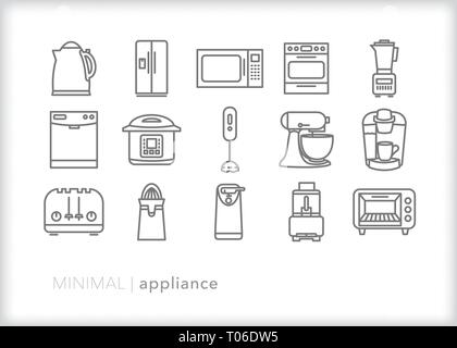 Set of 15 home kitchen appliance line icons for cooking, food prep and everyday meals Stock Vector