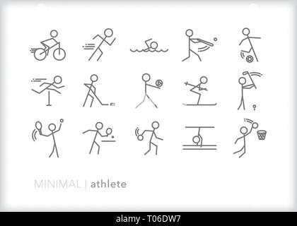 Set of 15 athlete line icons showing stick figures playing various sports with sporting equipment Stock Vector
