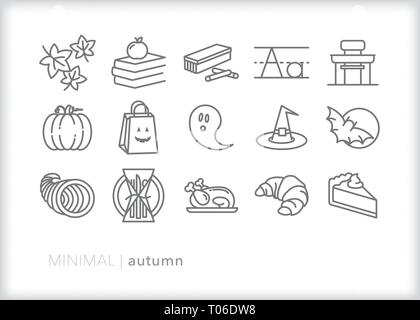 Set of 15 autumn line icons of fall themes, holidays and events such as back to school, Thanksgiving and Halloween Stock Vector