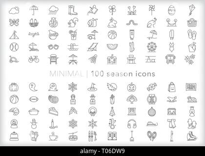 Set of 100 line icons for the four seasons of the year including holidays, events and items from spring, summer, fall and winter Stock Vector