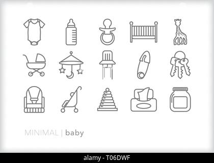 Set of 15 baby line icons of newborn, infant and child items for feeding, cleaning, playing and safety Stock Vector