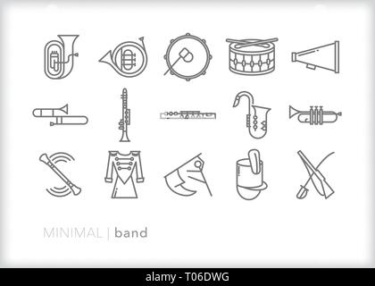 Set of 15 marching band or band class line icons of wind, reed and percussion instruments as well as color guard flag, rifle and baton Stock Vector