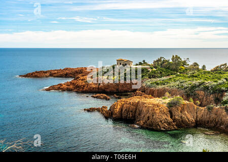 red rocks coast and sea at the French Riviera in Cote d Azur near Cannes, Provence, France Stock Photo