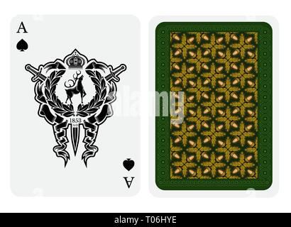 Ace of spades face with deer in center of wreath with crossed swords and back with oak geometrical texture on green suit. Vector card template Stock Vector