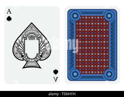 Ace of spades face with frame in center and vintage weapon around inside spades form and back with blue red geometrical texture on suit. Vector card t Stock Vector