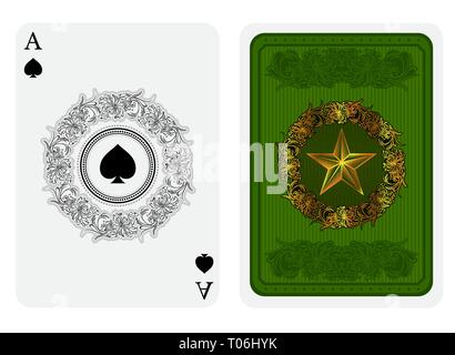 Ace of spades face with spades in center of flower pattern round frame and back with gold star with pattern on green suit. Vector card template Stock Vector