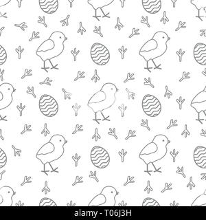 Seamless pattern with chicken, traces of chicken, decorated eggs. Happy Easter. Festive background. Design for banner, poster or print. Stock Vector