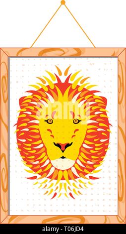 Lion portrait in a wooden frame, hanging on the wall. Isolated on white. Cartoon style Stock Vector