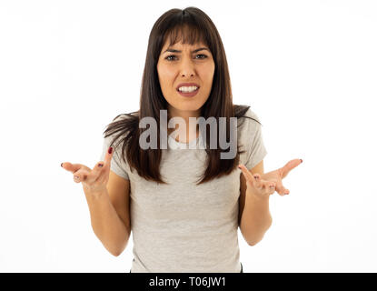 Close up portrait of young attractive caucasian woman with an angry face. Looking mad and crazy shouting and making furious gestures. Isolated on whit Stock Photo