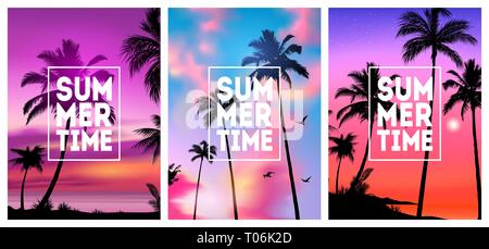 Summer tropical backgrounds set with palms, sky and sunset. Summer placard poster flyer invitation card. Summertime. Stock Vector