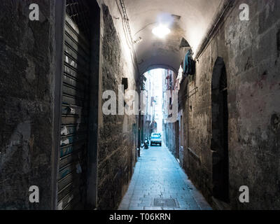 view from below towards the sky in the alleyways, typical narrow streets in the center of Genoa Stock Photo