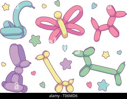 Vector collection set with different cute cartoon balloon animals including dogs, butterfly, swan, giraffe and bunny in soft pastel colors Stock Vector