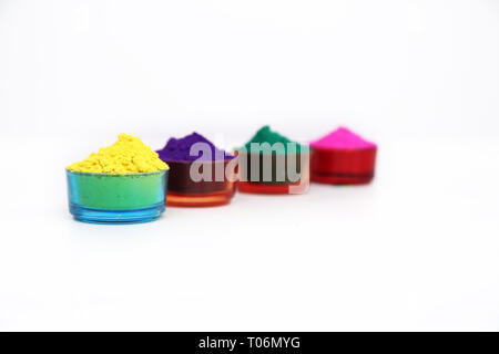 Portrait of organic holi color for indian holi festival. Isolated on the white background. Stock Photo