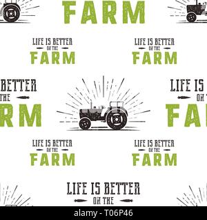 Farm seamless pattern design. Life is better on the Fatm quote and tractor in retro distressed style. Green and brown trendy colors. Stock vector Stock Vector