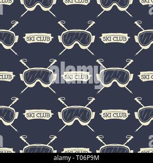 Snowboard seamless background. Winter ski pattern design with snowboards mask goggles and typography elements. Stock vector. Monochrome style. Stock Vector