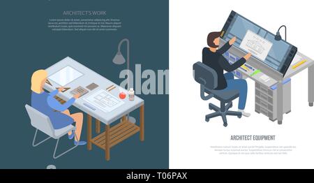 Architect equipment banner set, isometric style Stock Vector