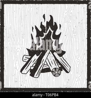 Camp fire hand drawn card. Vintage monochrome style with bonfire. Stock vector retro poster Stock Vector