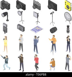 Photographer equipment icons set, isometric style Stock Vector