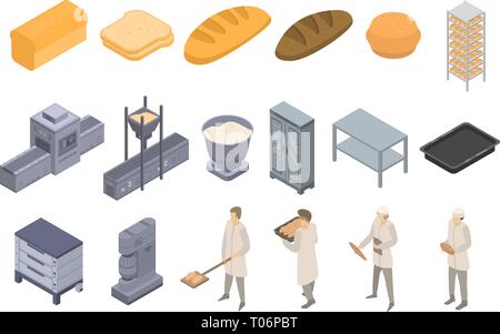 Bakery factory icons set, isometric style Stock Vector