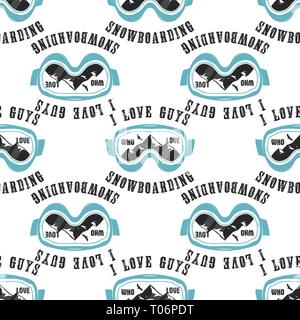 Snowboard pattern background. Winter ski seamless design with snowboarding mask, mountains and quote - I love guys who love snowboarding. Typography Stock Vector