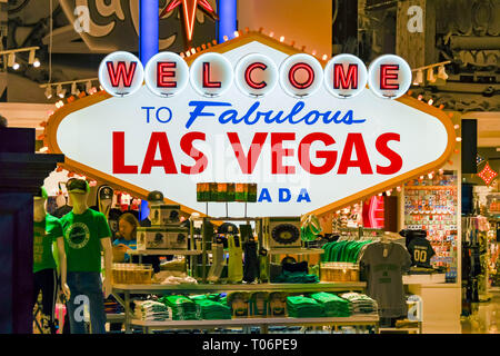 LAS VEGAS, NV, USA - FEBRUARY 2019: Neon sign 'Welcome to Fabulous Las Vegas' at the entrance to a souvenir shop inside a shopping mall in Las Vegas. Stock Photo