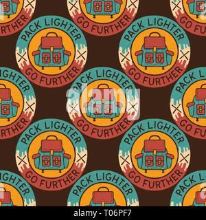 Camping patches pattern design - Outdoors Adventure seamless background with backpack and quote - pack lighter go further. Unusual cartoon distressed Stock Vector