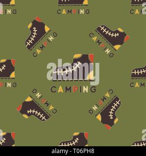 Camping Pattern Design - Outdoors Adventure seamless background with camp boots. Unusual cartoon distressed style. Nice for travel enthusiasts, for Stock Vector