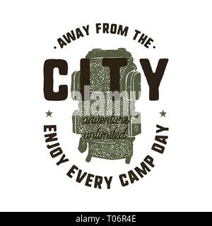 Hand drawn adventure logo with backpack and quote - Away from the city, enjoy every camp day. Monochrome outdoors emblem patch in retro style Stock Vector