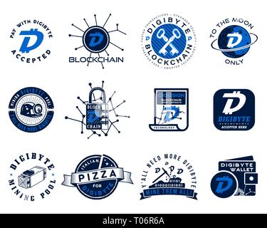 Digibyte logos set. Digital asset concept. Pay with DGB accepted, mining quotes. Crypto emblems. Blockchain technology stickers for printing. Stock Stock Vector