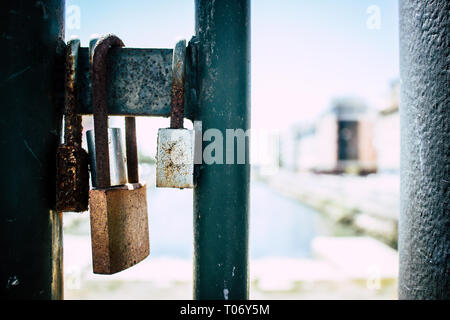 Lock. Locks on the bridge as a sign of love and loyalty. Stock Photo