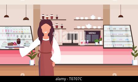 waitress holding tray with cake and cappuccino coffee shop worker serving clients smiling woman standing modern cafeteria interior horizontal cartoon Stock Vector