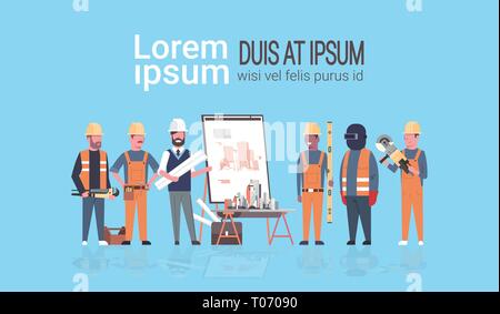 man architect engineer showing drawing building blueprint on easel board to construction workers group panning project team meeting presentation Stock Vector