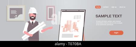 man architect in helmet holding blueprints in rolls engineer showing new drawing building on easel board panning project concept house blueprint Stock Vector
