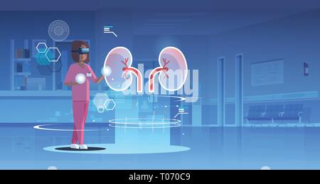 female doctor nurse wearing digital glasses looking virtual reality kidneys human organ anatomy healthcare medical vr headset vision concept clinic Stock Vector