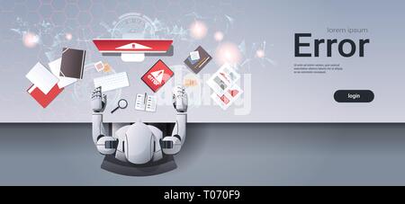 robot using digital devices problem computer application software error humanoid sitting at workplace desk top angle view artificial intelligence Stock Vector