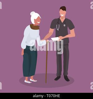 male doctor explaining prescription to senior patient physician man supporting elderly woman with walking stick healthcare concept flat full length Stock Vector