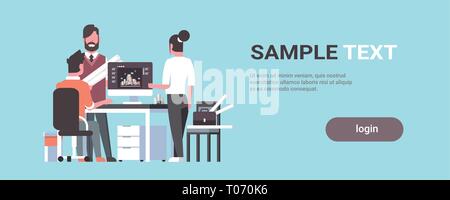 team architect engineers drawing blueprint urban building plan on computer panning design project concept office draftsman studio teamwork horizontal Stock Vector