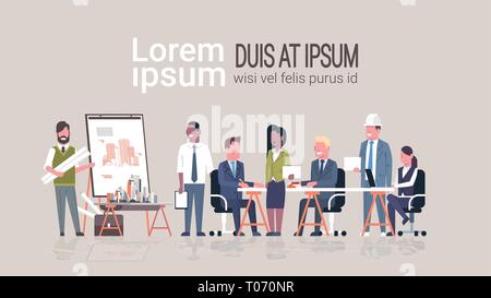 man architect showing drawing building blueprint on easel board to businesspeople engineers group panning project team meeting presentation concept Stock Vector