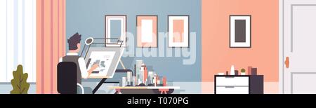 architect drawing blueprint urban building plan on adjustable board panning project concept engineer sitting workplace office draftsman studio Stock Vector