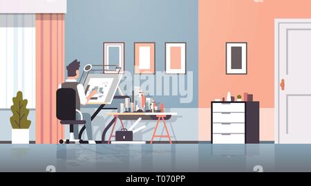 architect drawing blueprint urban building plan on adjustable board panning project concept engineer sitting workplace office draftsman studio Stock Vector